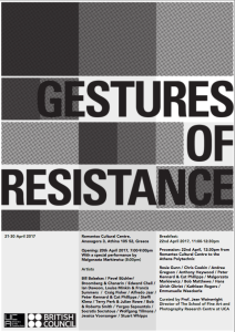 Gestures of Resistance Exhibition poster curated by Jean Wainwright
